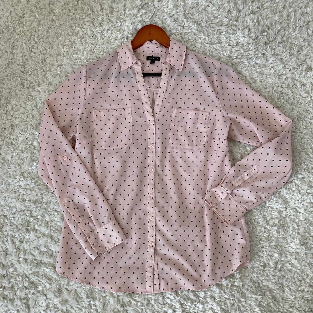 Talbots pink and black polka dot v neck blouse
